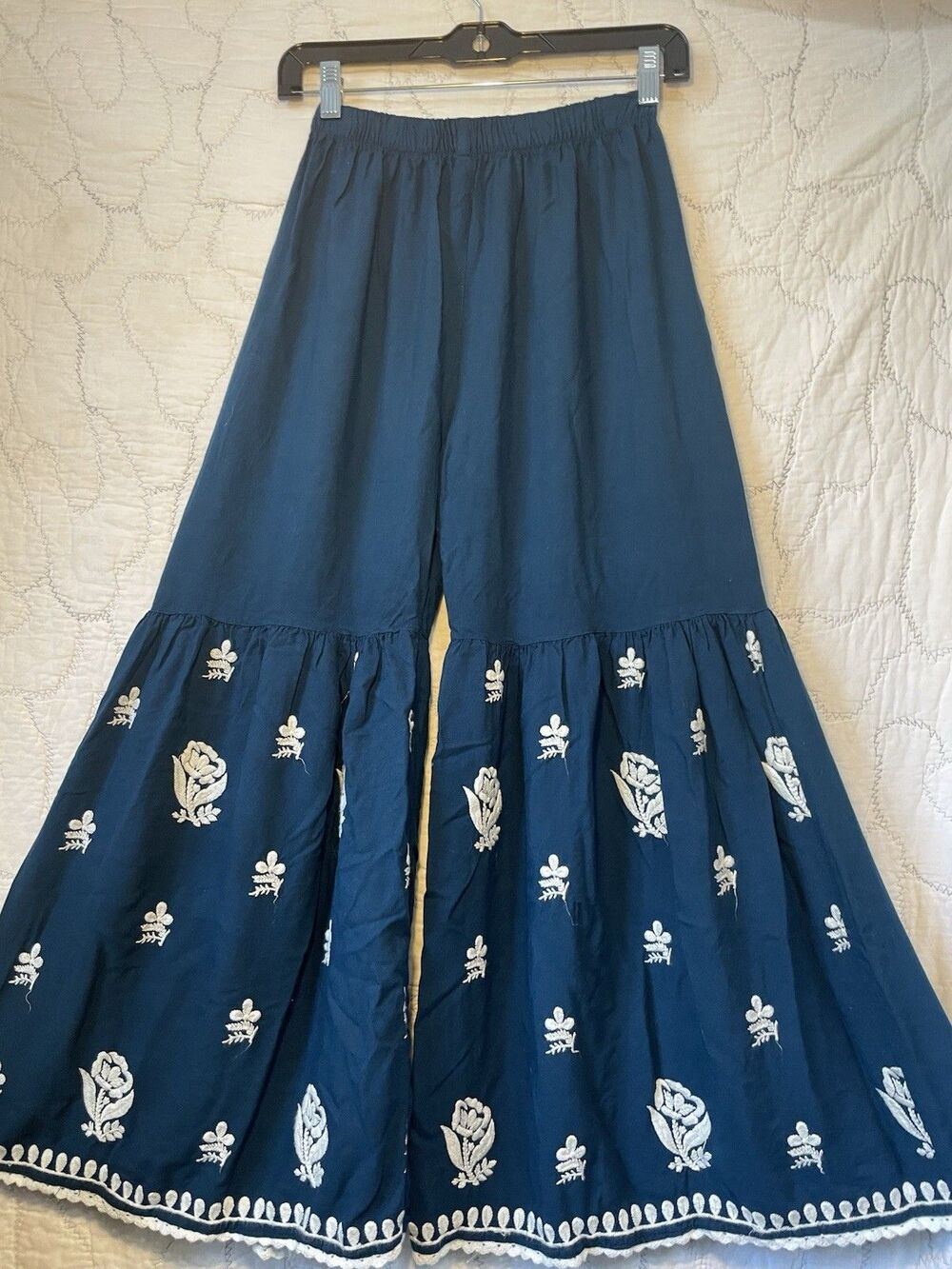 Boho Bell Bottom Blue Embroidered Pants Custom Girls XL (Womens XS)